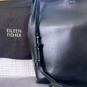 Eileen Fisher Classic Black Messenger Bag 11” L, x 11” W, 100% Leather, Excel C.